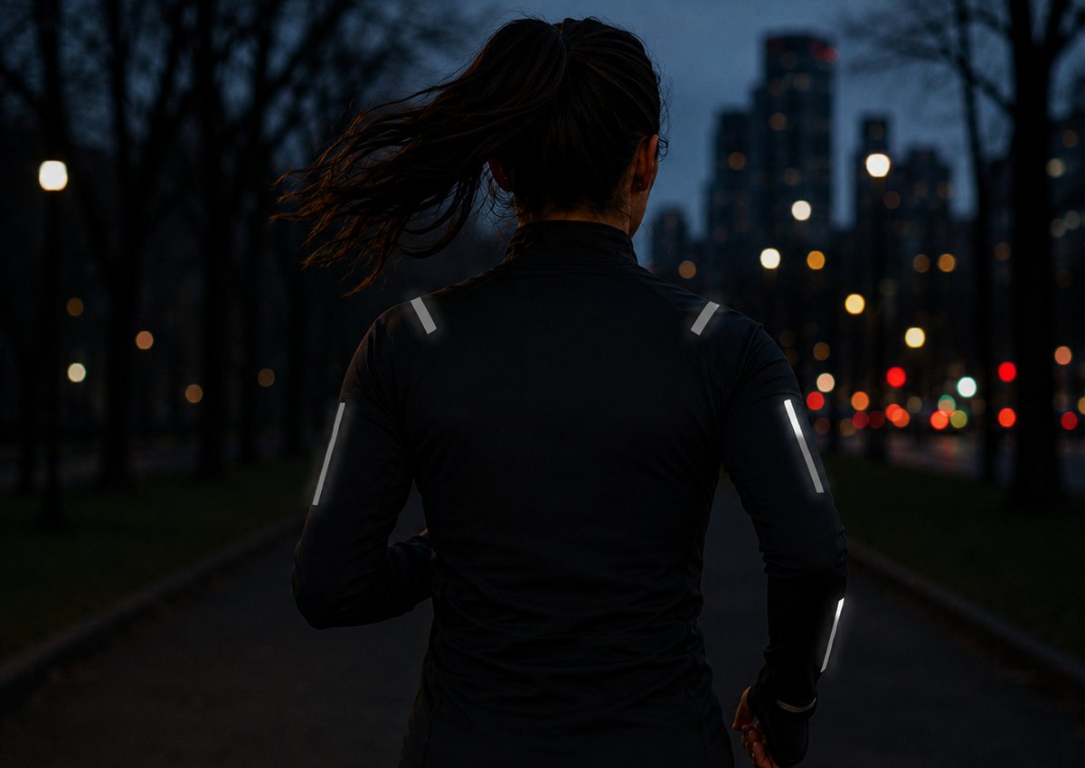A runner at night in a jacket with a custom glowing graphic on the back